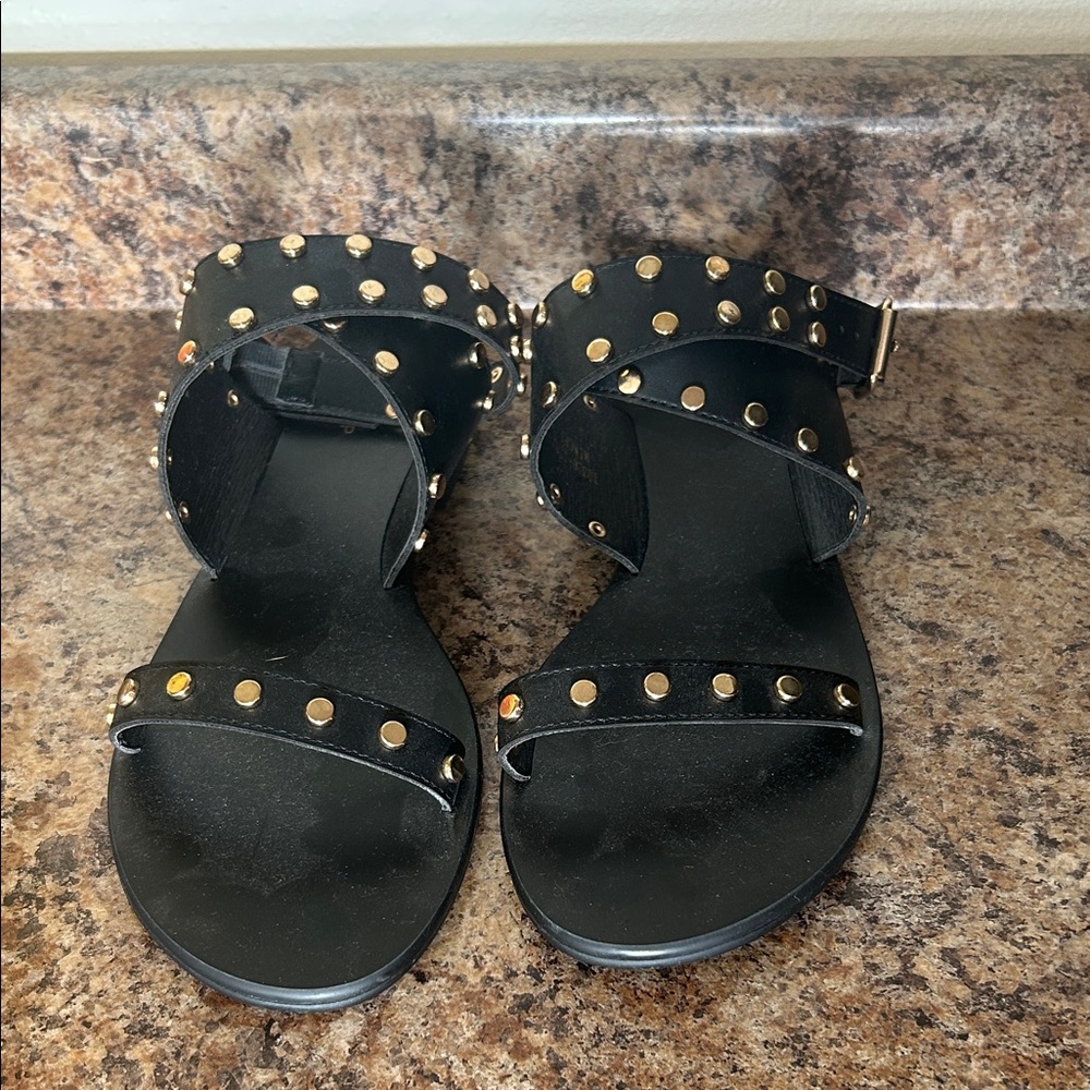 SHU SHOP Black Sandals with Gold Studs